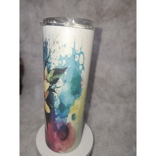 20 oz Stainless Steel Glitter Tumbler Watercolor Flowers