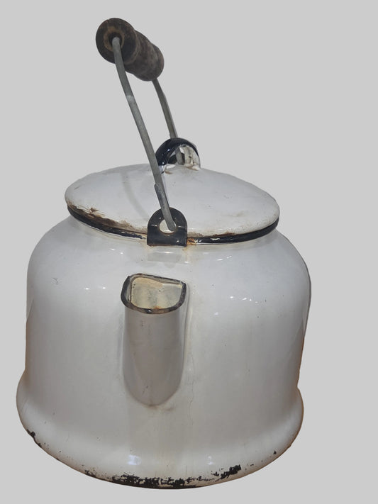 Vintage Enamel Kettle Coffee Pot White with Black Trim Wooden Handle See Photos