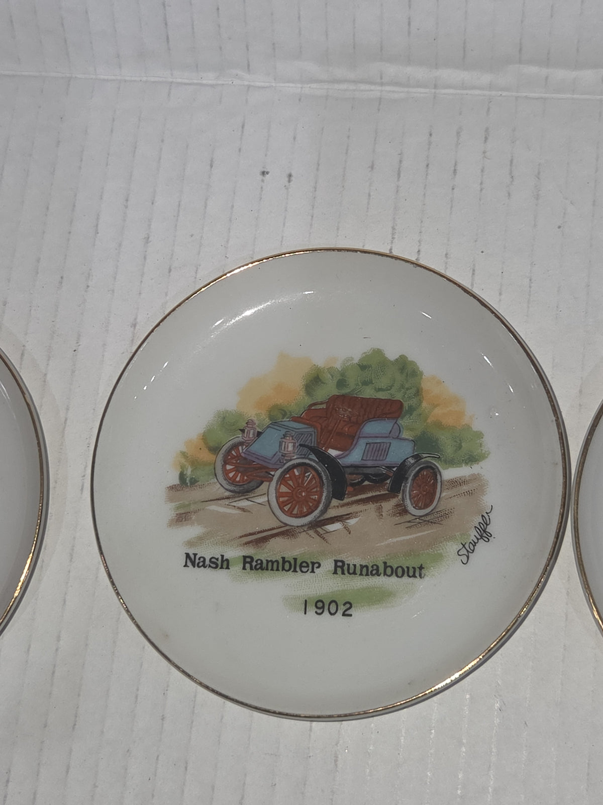 Vintage 4" Plates Set of 3 Arnart Creations Nash Rambler Runabout, Buick Touring Car, Oldsmobile Runabout Stauffer