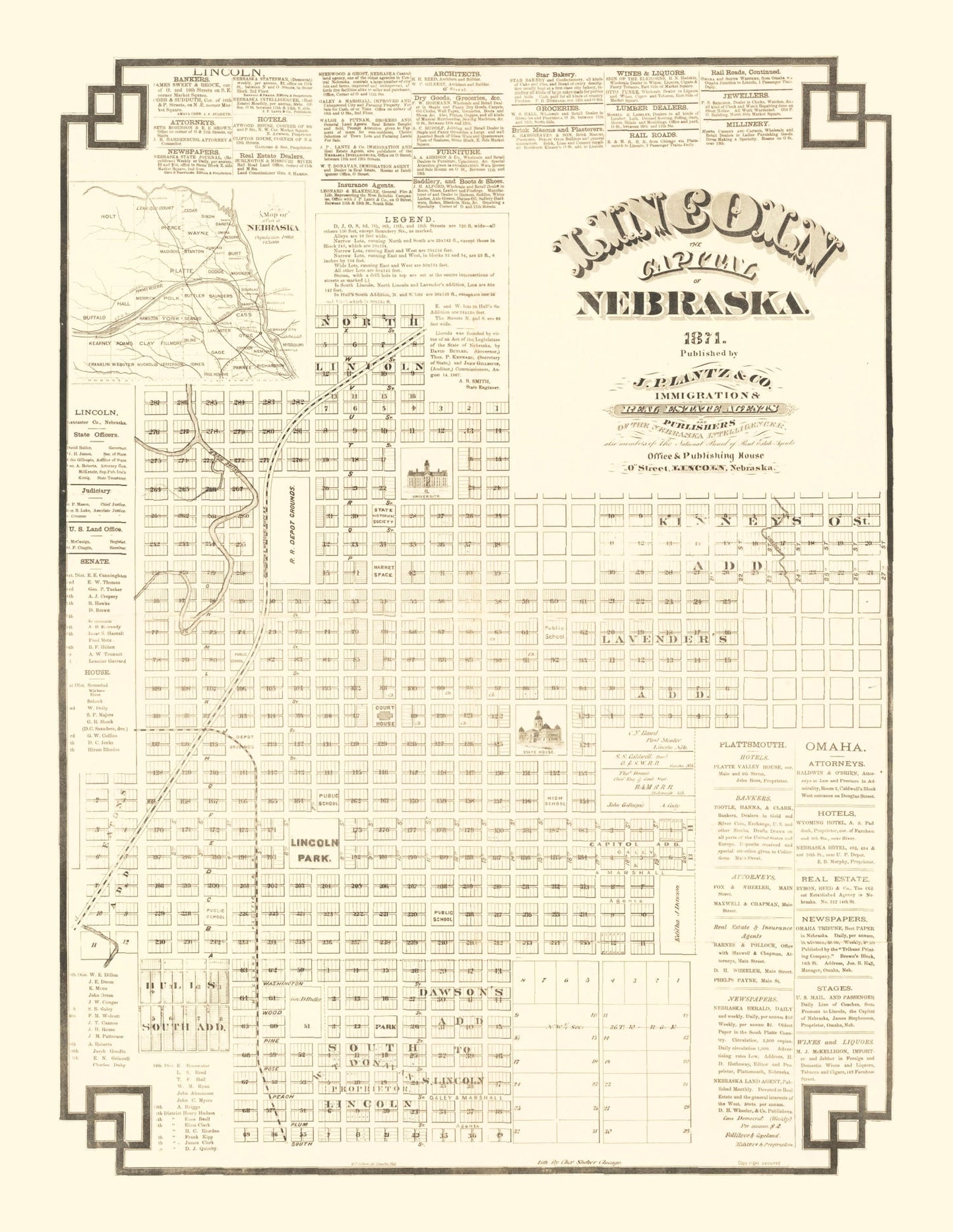 Vintage Map of Lincoln, Nebraska 1871 -Not available at Minden location-