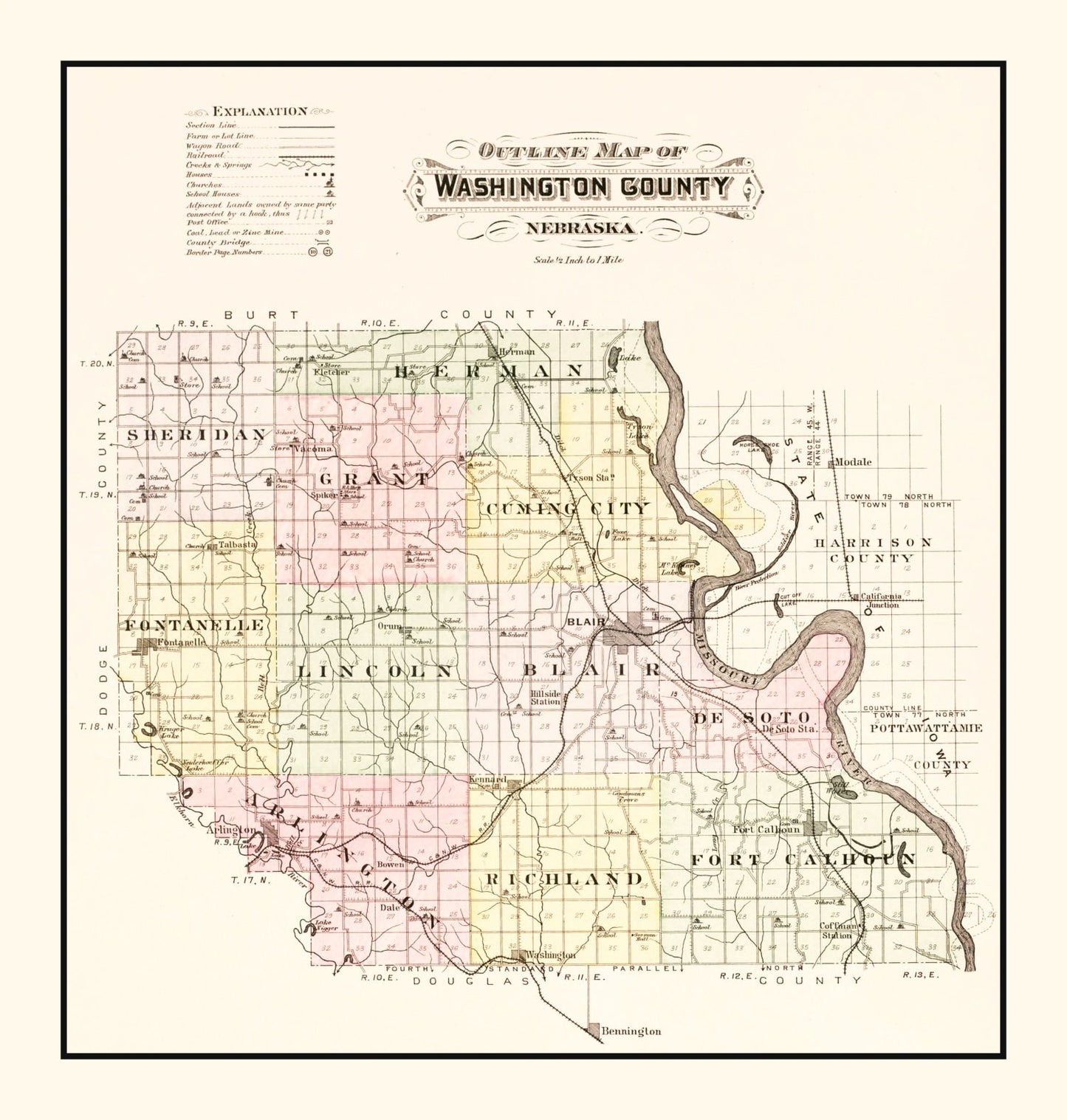 Vintage Map of Washington County, Nebraska 1908 -Not available at Minden location-