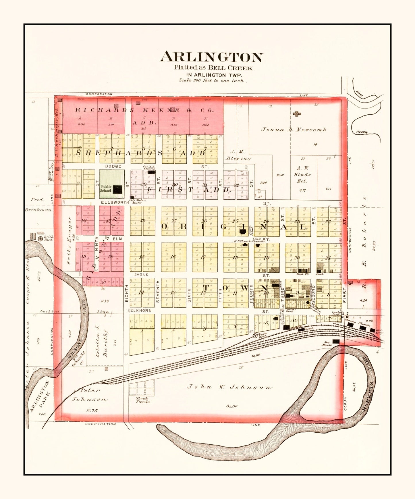 Vintage Map of Arlington, Nebraska 1908 -Not available at Minden location-