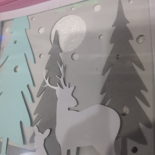 Shadowbox Pink Frame Layered Cardstock Deer in Winter Forest Scene 5 1/2 x 5 1/2" Handcrafted sb12