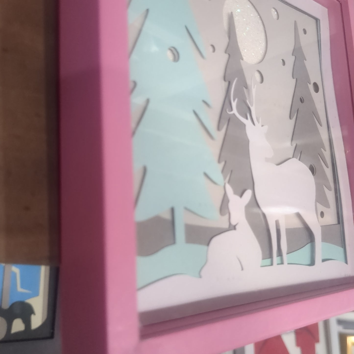 Shadowbox Pink Frame Layered Cardstock Deer in Winter Forest Scene 5 1/2 x 5 1/2" Handcrafted sb12 CLEARANCE