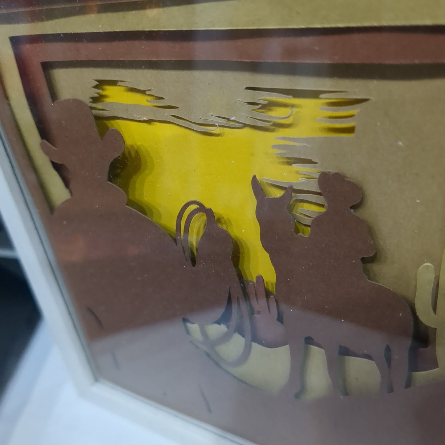 Shadowbox with Layered Cardstock Cowboys in Desert Scene 5 1/2 x 5 1/2” Handcrafted sb8 CLEARANCE