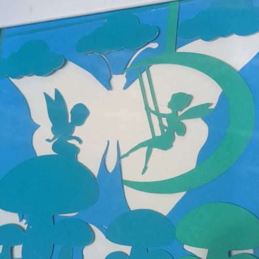Shadowbox White Frame Layered Paper Cut Faries Swinging and on Mushroom Roughly 5 x 6“ sb6
