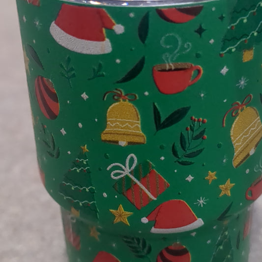 Shot Glass 3 oz Stainless Steel or Mini Tumbler for Dolls Green with Raised Christmas Symbols dated 2023 CLEARANCE sg1
