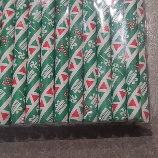 25 green, white and red paper drinking straws with gifts and candy canes