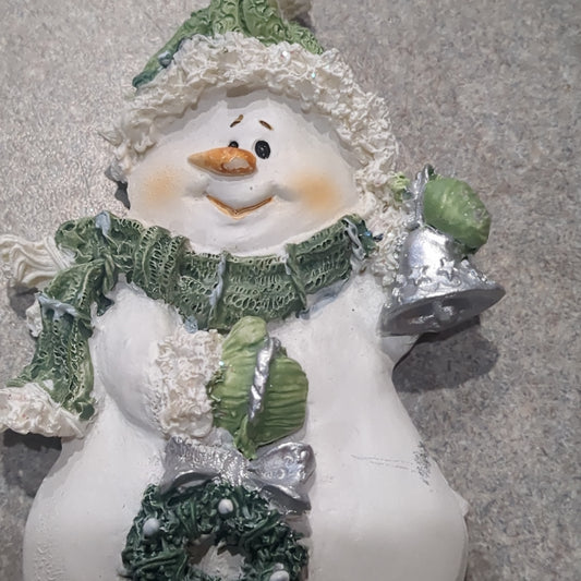 Polyacrylic snowman ornament with bell, wreath, green scarf CLEARANCE Og4