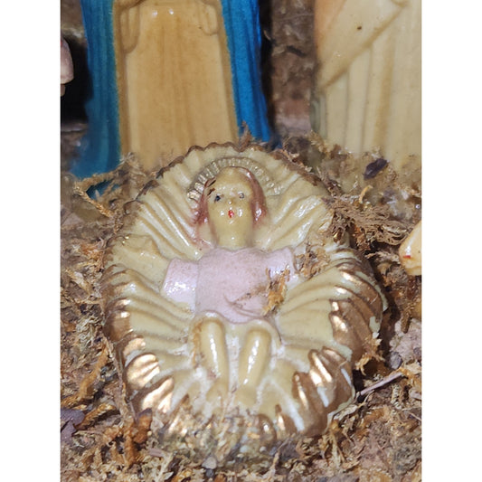 Vintage Celluloid Nativity in Wood Manger Holiday Trim Hong Kong