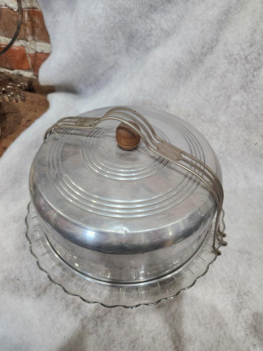 Vintage Glass Cake Plate with Aluminum Cover