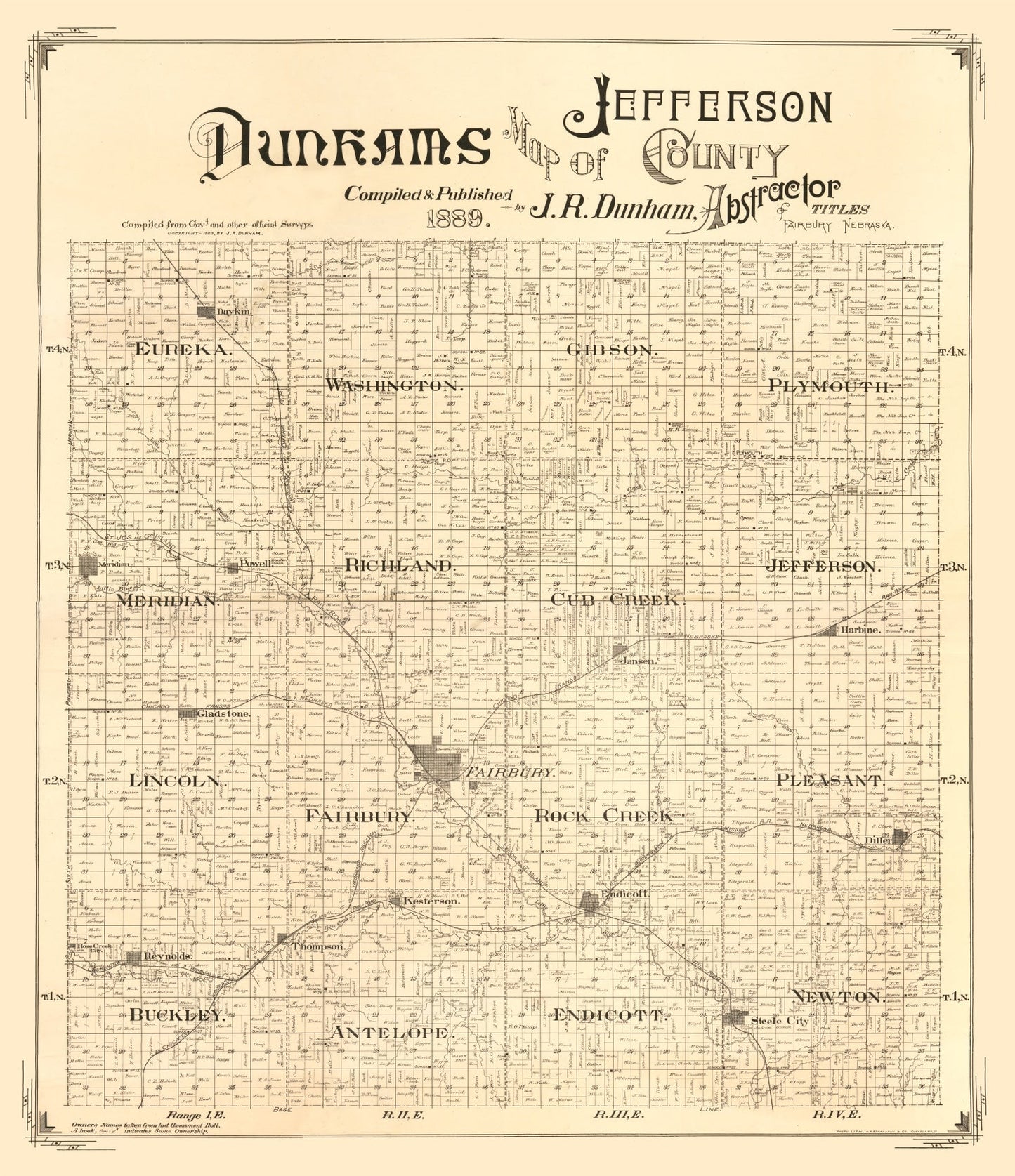 Vintage Map of Jefferson County, Nebraska 1889 -Not available at Minden location-