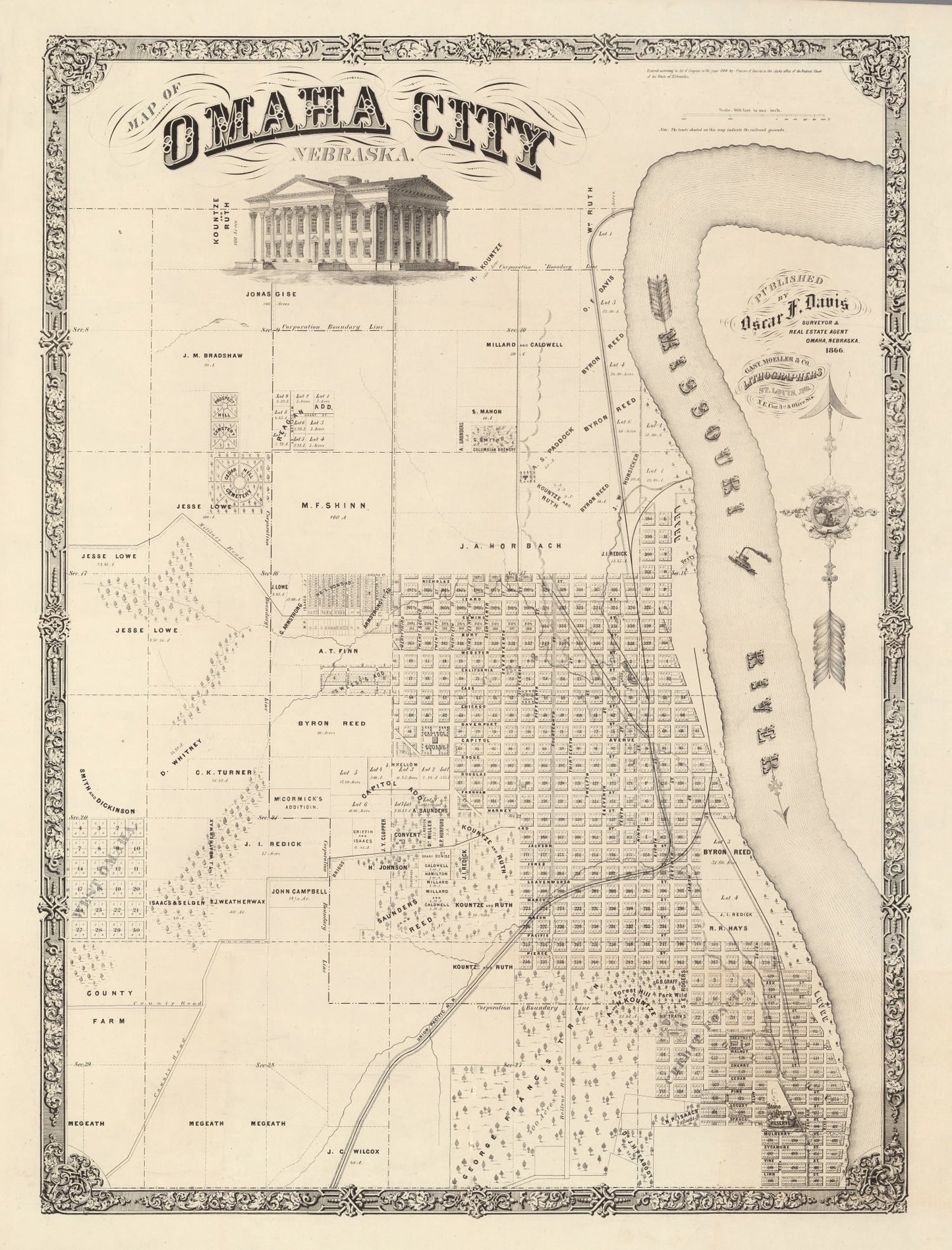 Vintage Map of Omaha, Nebraska 1866 -Not available at Minden location-