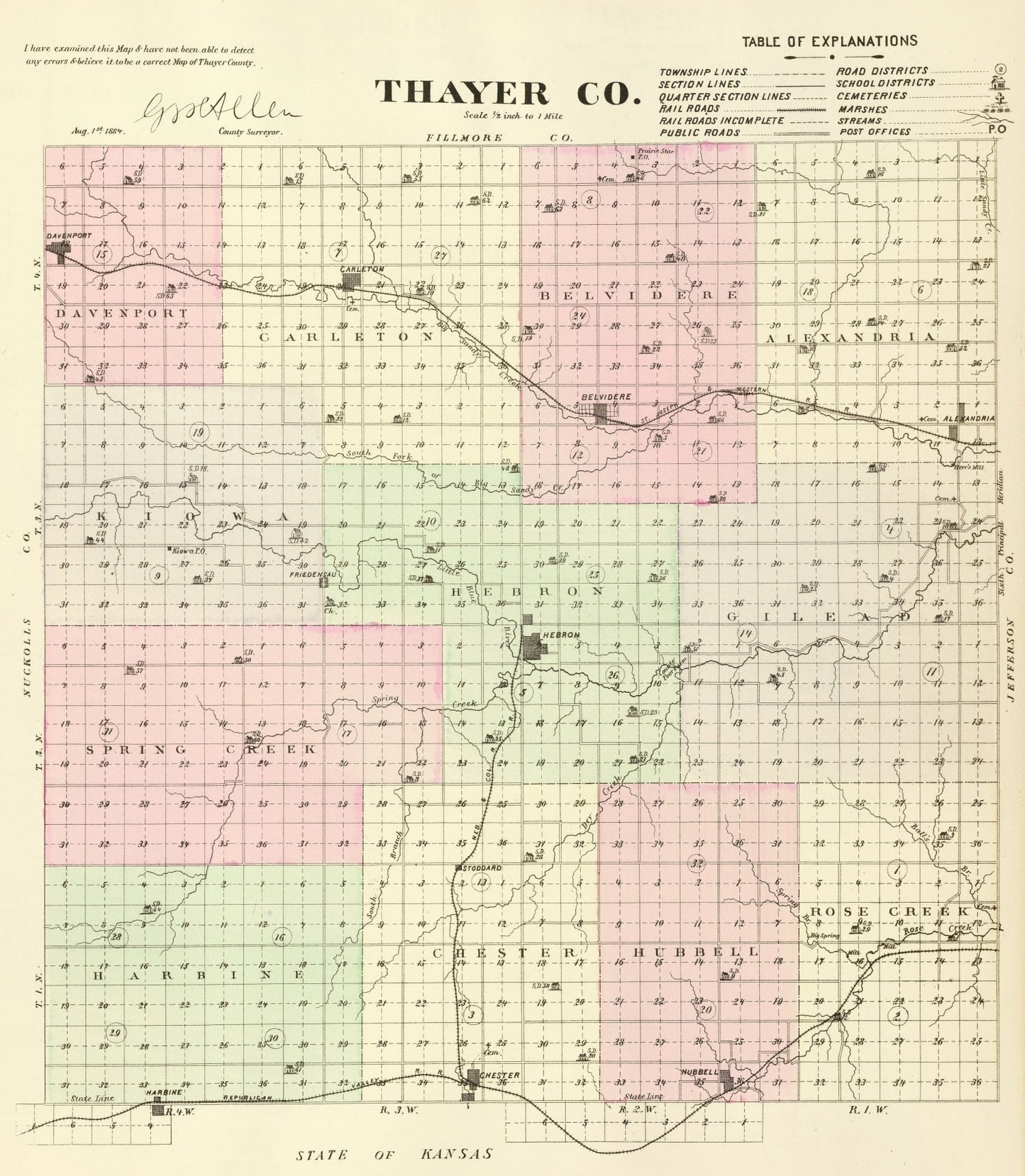 Vintage Map of Thayer County, Nebraska 1885 -Not available at Minden location-
