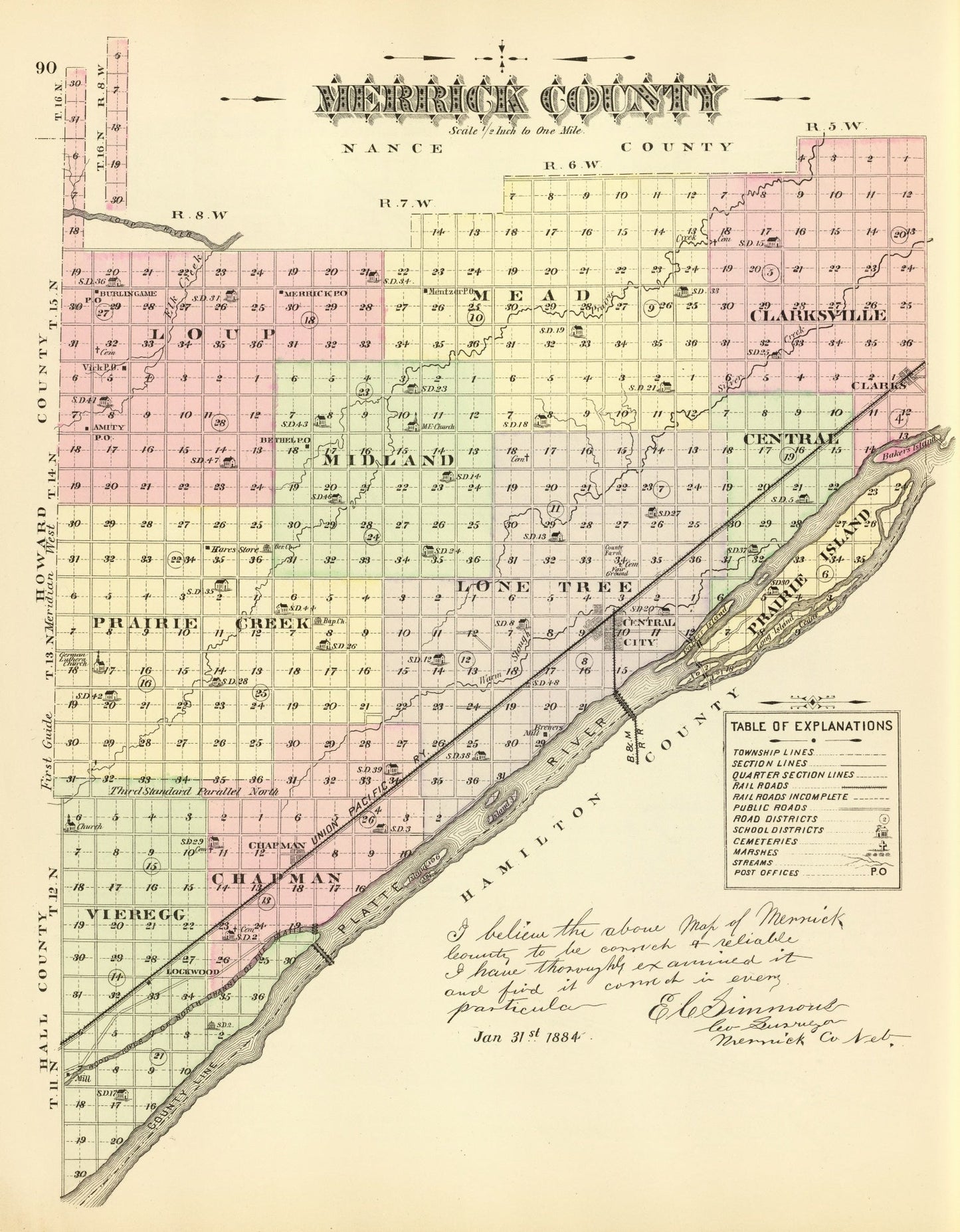 Vintage Map of Merrick County, Nebraska 1885 -Not available at Minden location-