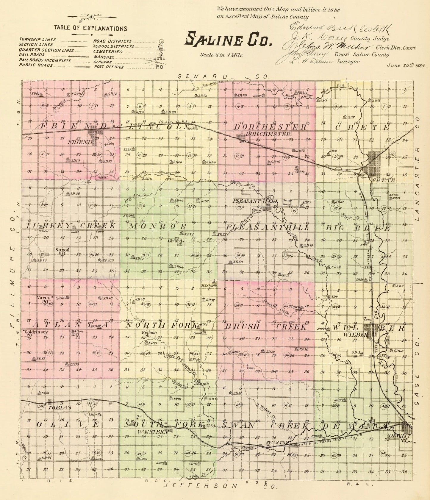 Vintage Map of Saline County, Nebraska 1885 -Not available at Minden location-