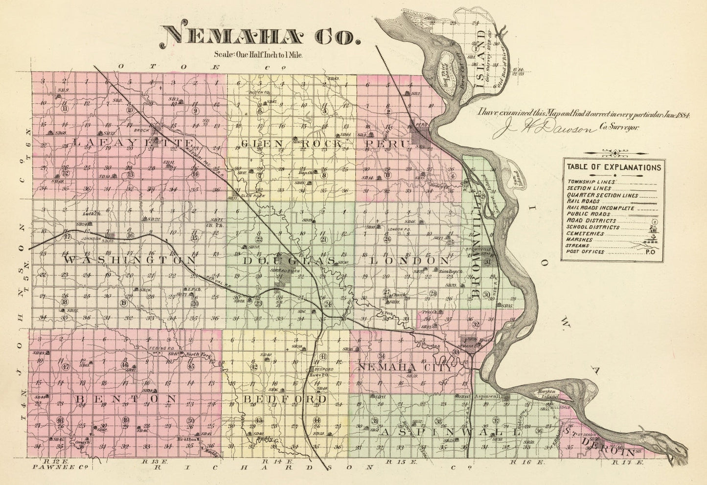 Vintage Map of Nemaha County, Nebraska 1885 -Not available at Minden location-