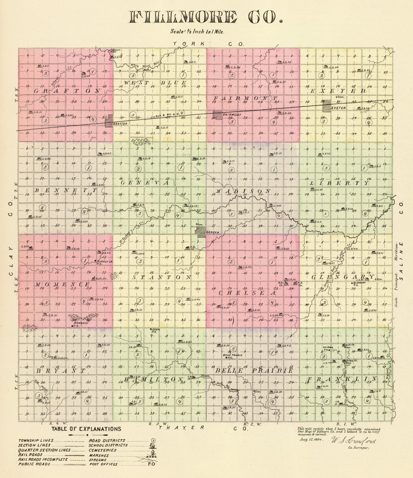 Vintage Map of Fillmore County, Nebraska 1885 -Not available at Minden location-