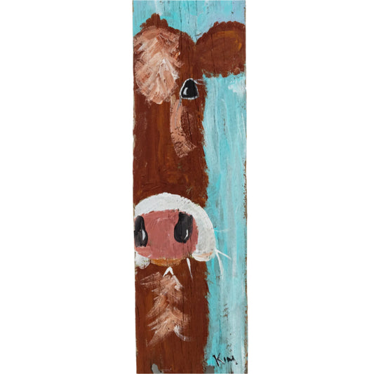 Bonnie The Brown Cow Wooden Canvas Painting | 22" x 5.5" | The Painted Attic