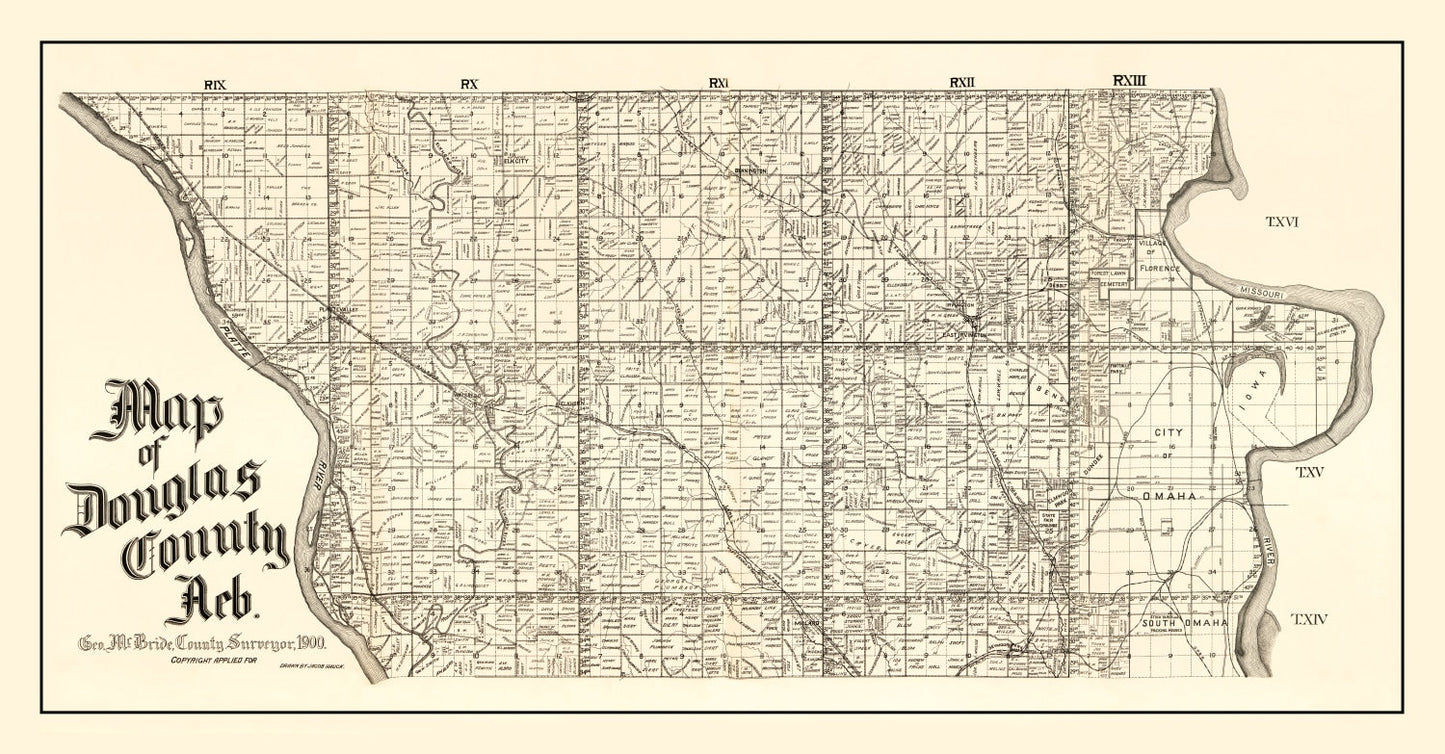 Vintage Map of Douglas County, Nebraska 1900 -Not available at Minden location-