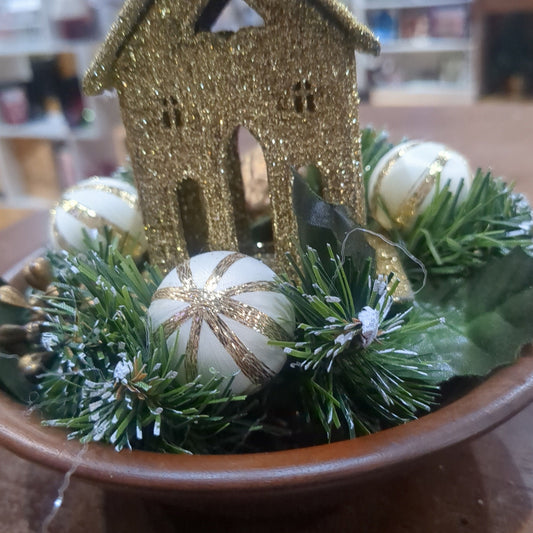 Vintage Plastic Glitter Church with Vintage Candle Ring in Wooden Bowl Assemblage