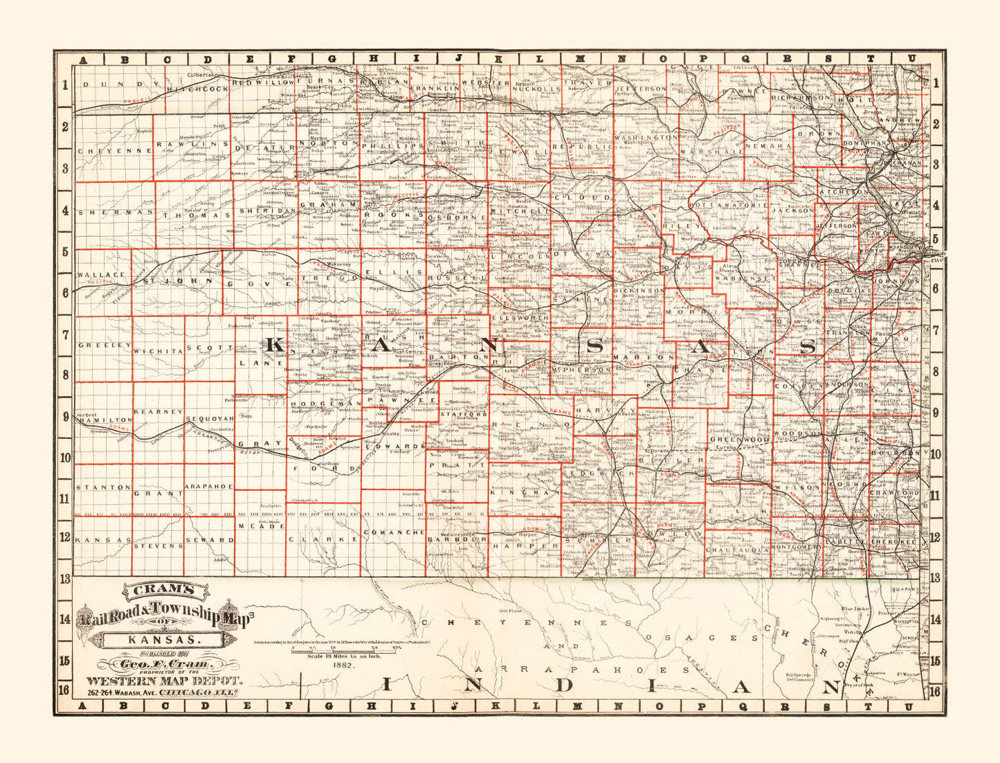 Vintage Railroad Map of Nebraska 1882 -Not available at Minden location-
