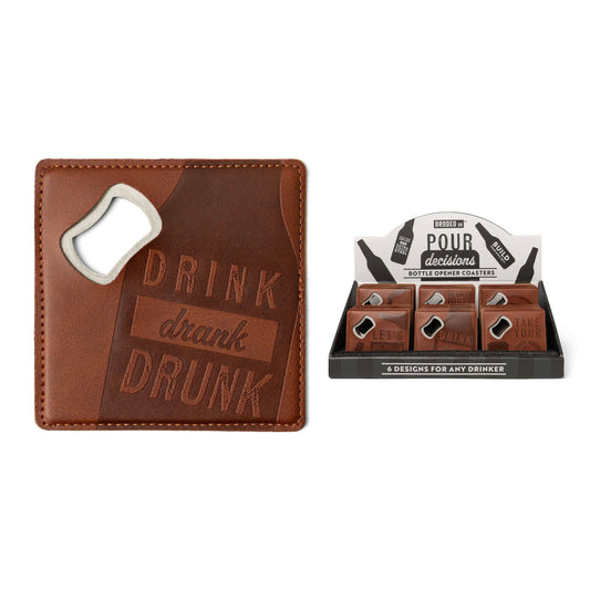 Leather and Metal Bottle Opener Coaster "drink drank drunk" lc6 ONE COASTER