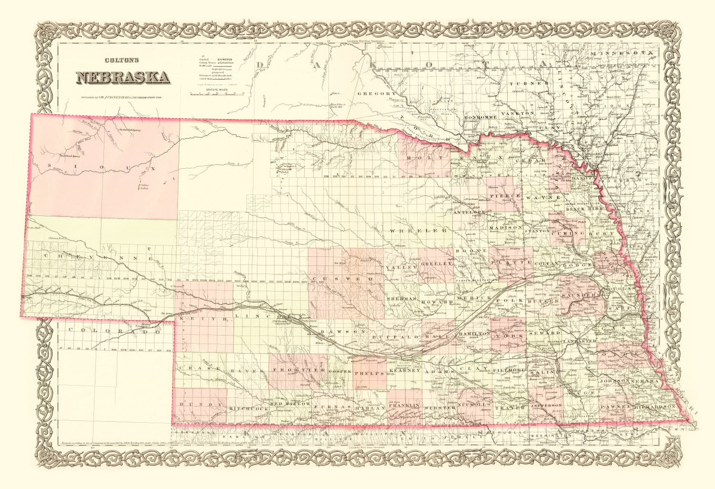 Vintage Map of Nebraska 1867 -Not available at Minden location-