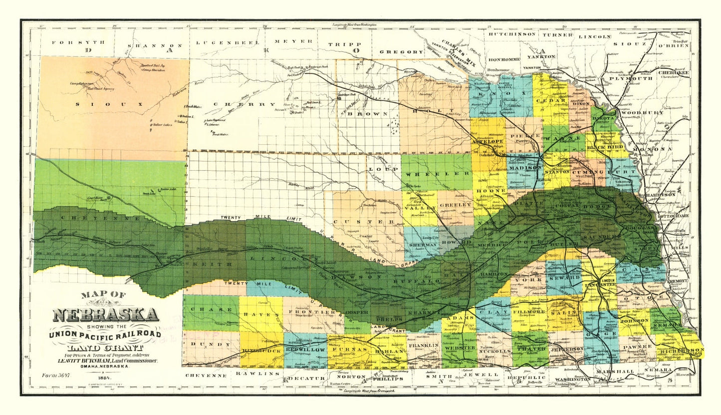 Vintage Union Pacific Railroad Land Grant Map of Nebraska 1884-Not available at Minden location-