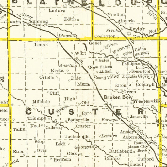 Vintage Railroad Map of Nebraska 1888 -Not available at Minden location-