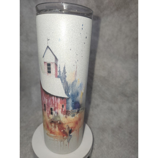 20 oz Stainless Steel Glitter Tumbler Watercolor Barns