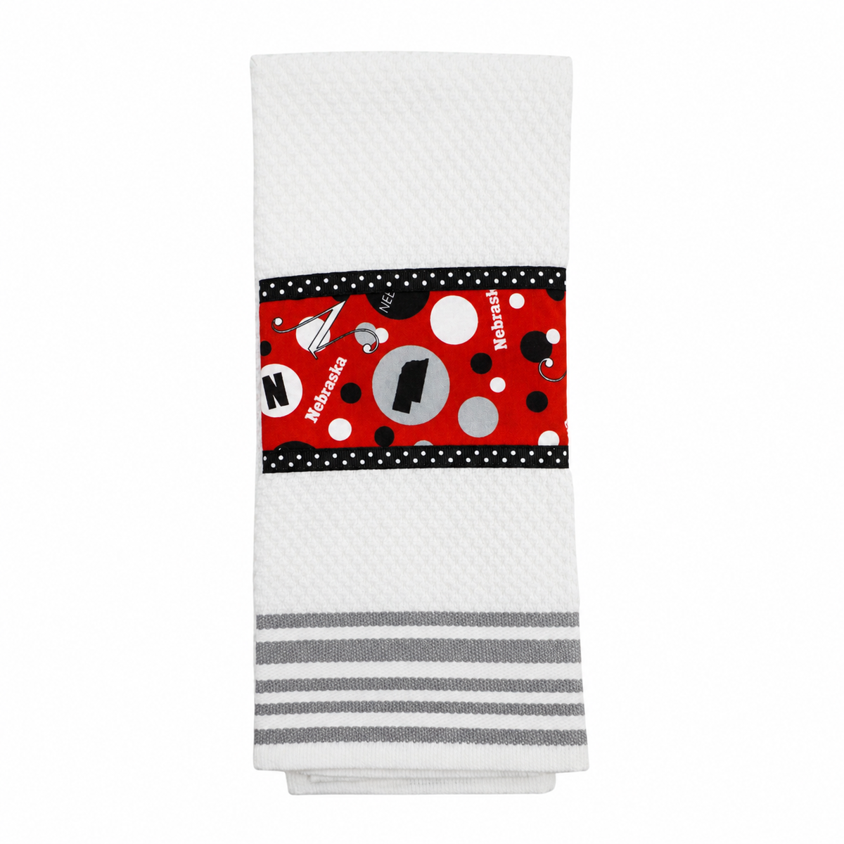 Tea Towel | Multiple Designs | Lori's Specialty Designs White Towel With Nebraska Design + Grey Lines