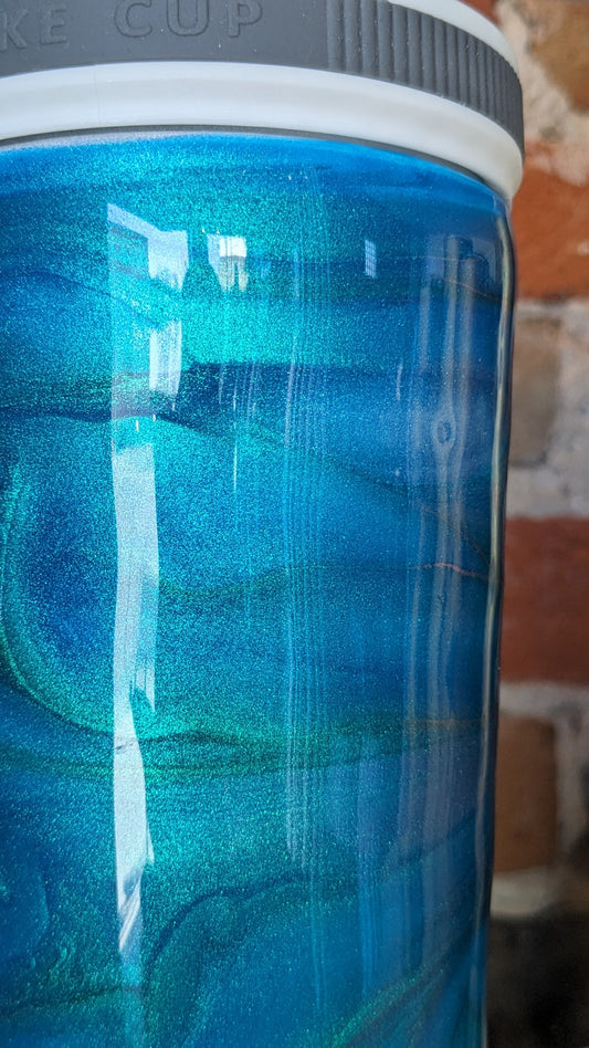 24 Oz Shaker Tumbler, Alcohol Ink blue, teal, green AS IS rough and uneven resin ais