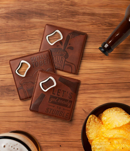 Leather and Metal Bottle Opener Coaster "drink drank drunk" lc6 ONE COASTER