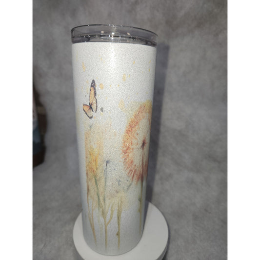 20 oz Stainless Steel Glitter Tumbler Just Breathe Butterflies flowers