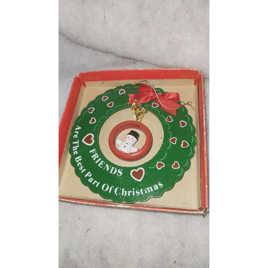 Vintage Giftco Wood Wreath Christmas Ornament Snowman friends