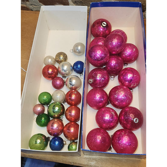 Vintage Antique Assorted Sizes and Colors Mercury Glass Ornaments with caps stamped Japan Collection of 35