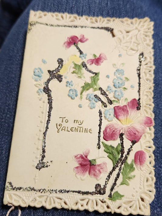 Antique Valentine Card Embossed, Mica, Flowers, To my Valentine pc4