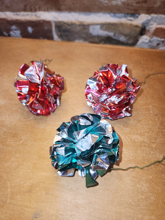 Vintage Crinkle Ball Ornaments or Picks Set of 3 Pinkish Red and Green vo21