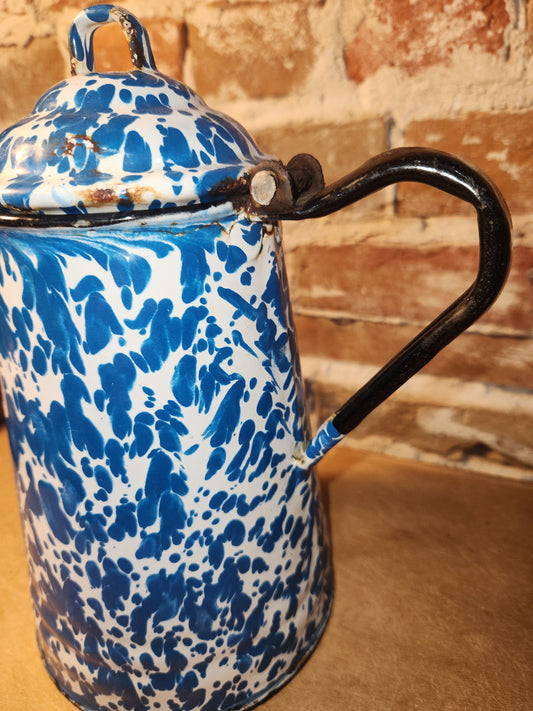 Vintage Enamelware Graniteware Coffee Pot with Lid Blue White Swirl Splotches ew70