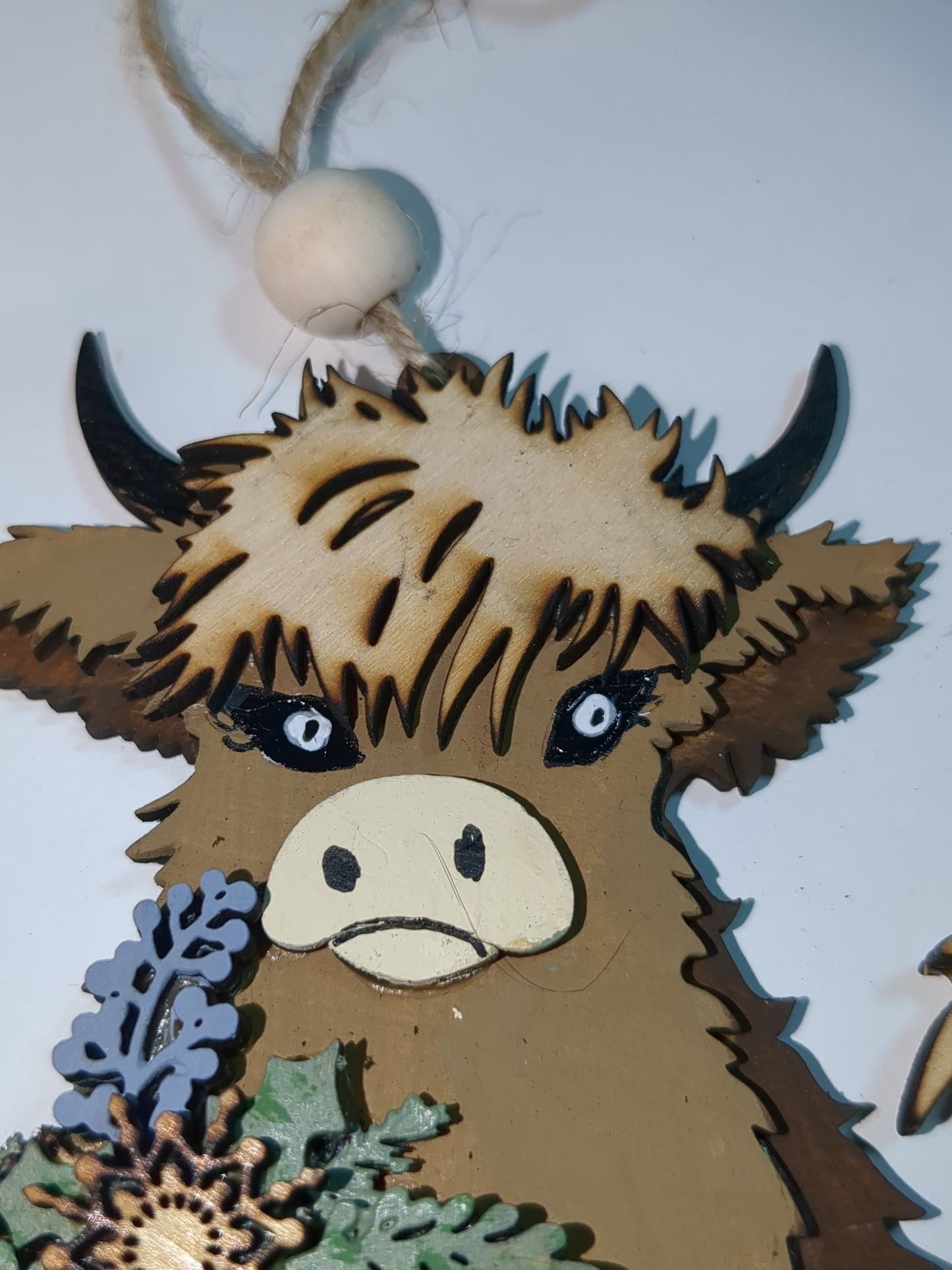 Wooden highland cow ornament or car charm