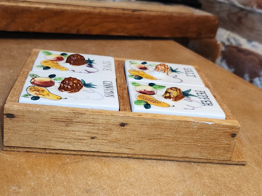 Vintage Wooden Spice Rack with Ceramic Fruit Motif Shakers with Corks Stamped JAPAN sr12