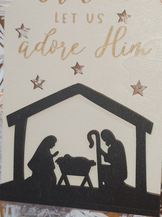 Let Us Adore Him Wooden Tag Christmas Ornament CLEARANCE co9