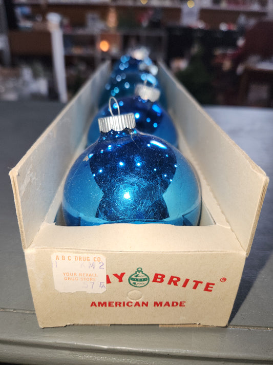 Vintage Shiny Brite Glass Christmas Ornaments Five 3" Varying Blue Shades in Fanci-Pak Box As Is sb15