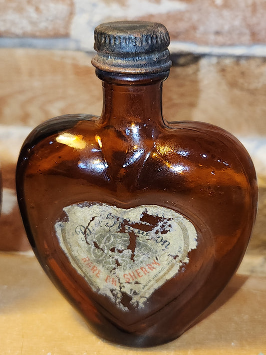 Vintage Liquor Bottles Paul Masson Rare Dry Sherry Heart Shaped Amber Glass Set of 2 vlb01