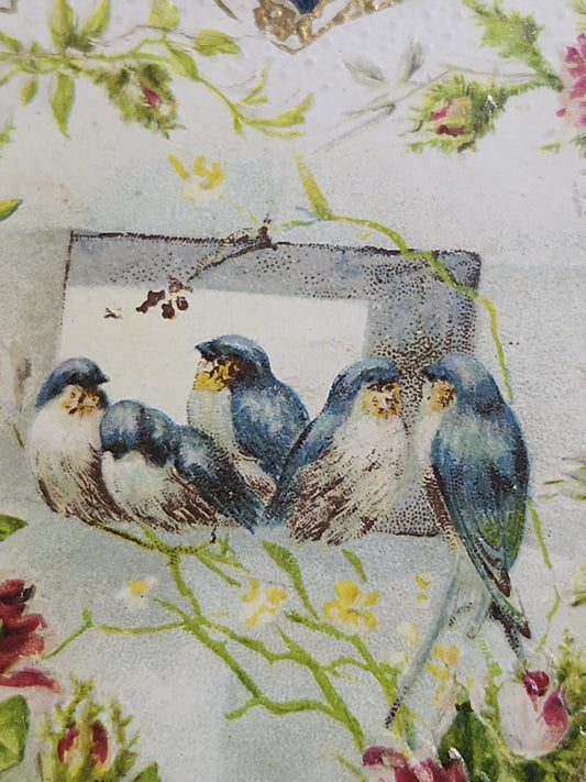 Antique Valentine Card Die-Cut Embossed Heart with Birds and Roses