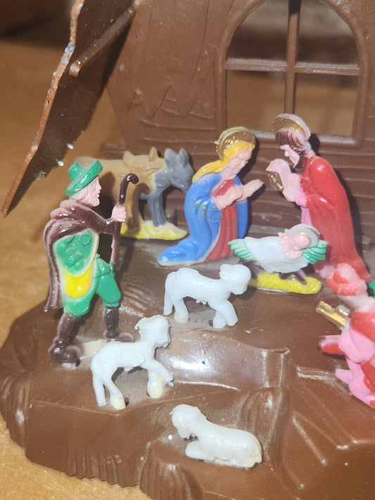 Vintage Plastic Celluloid 6" Triangle Nativity Made in China Mica AS IS n22
