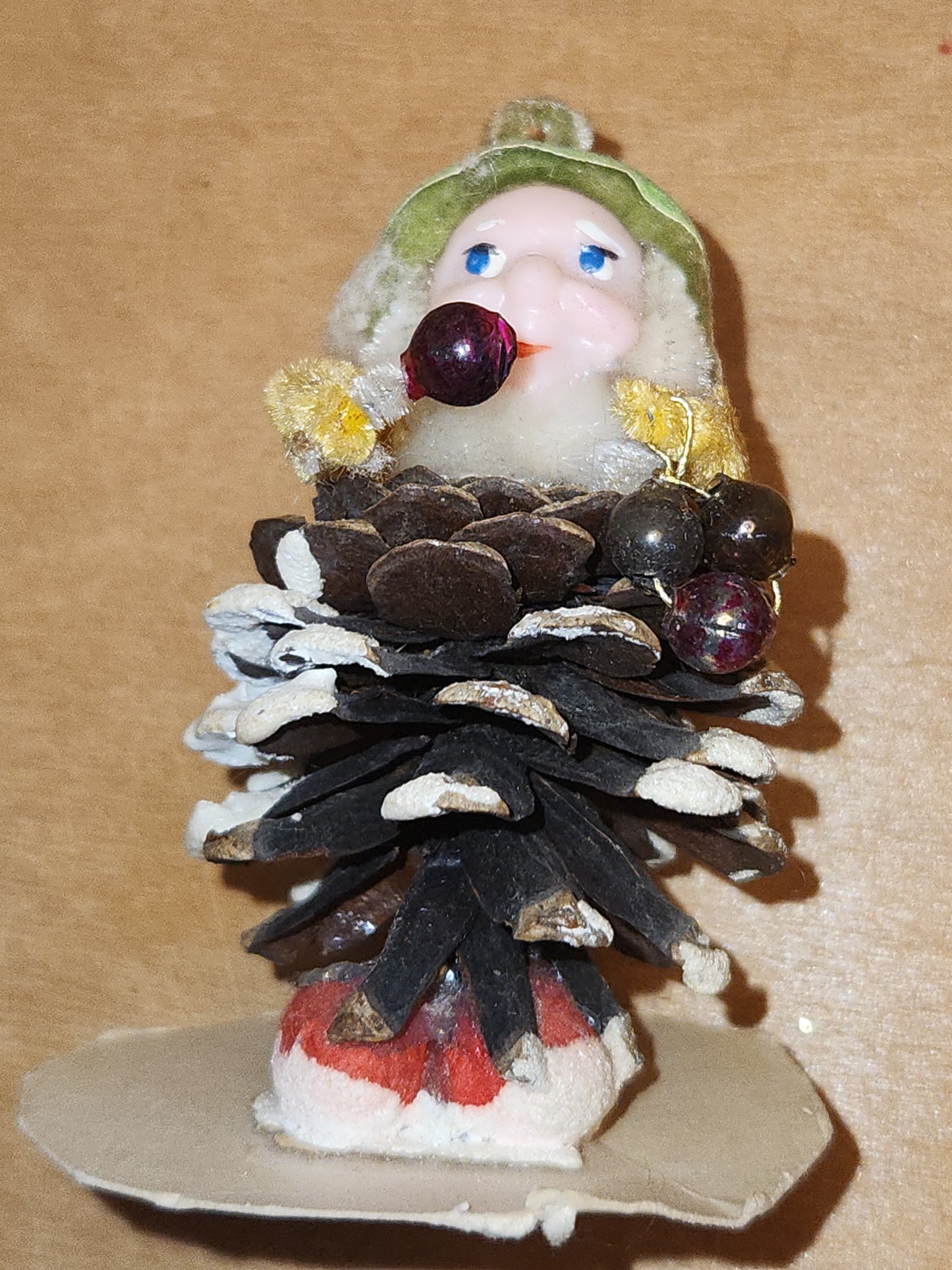 Vintage Pinecone Elf Gnome Dwarf with Maracas Band Ornament Chenille Green Hat Plastic Face Mica Putz elf6