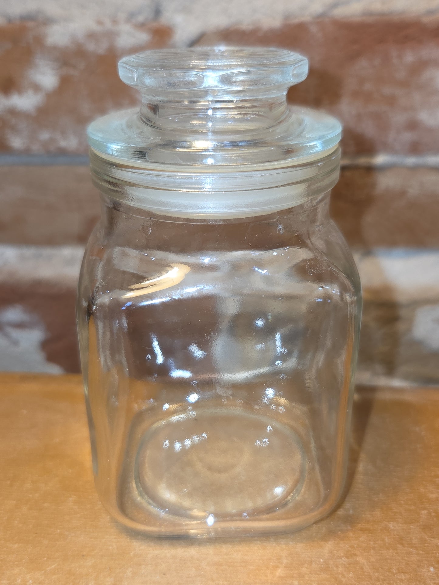Vintage Clear Glass Square Canister with Sunburst Lid 2 1/2" square sj1