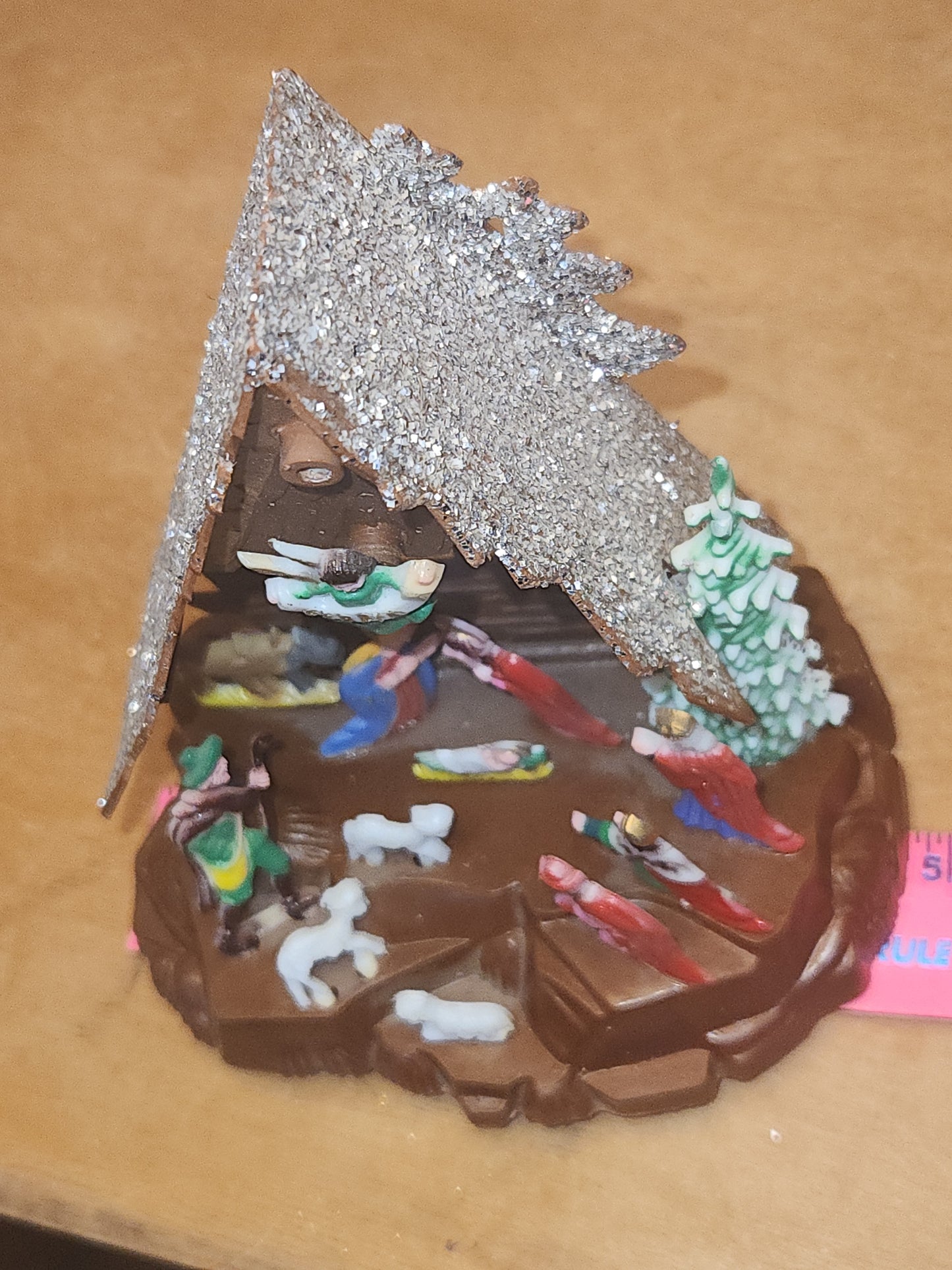 Vintage Plastic Celluloid 6" Triangle Nativity Made in China Mica AS IS n22